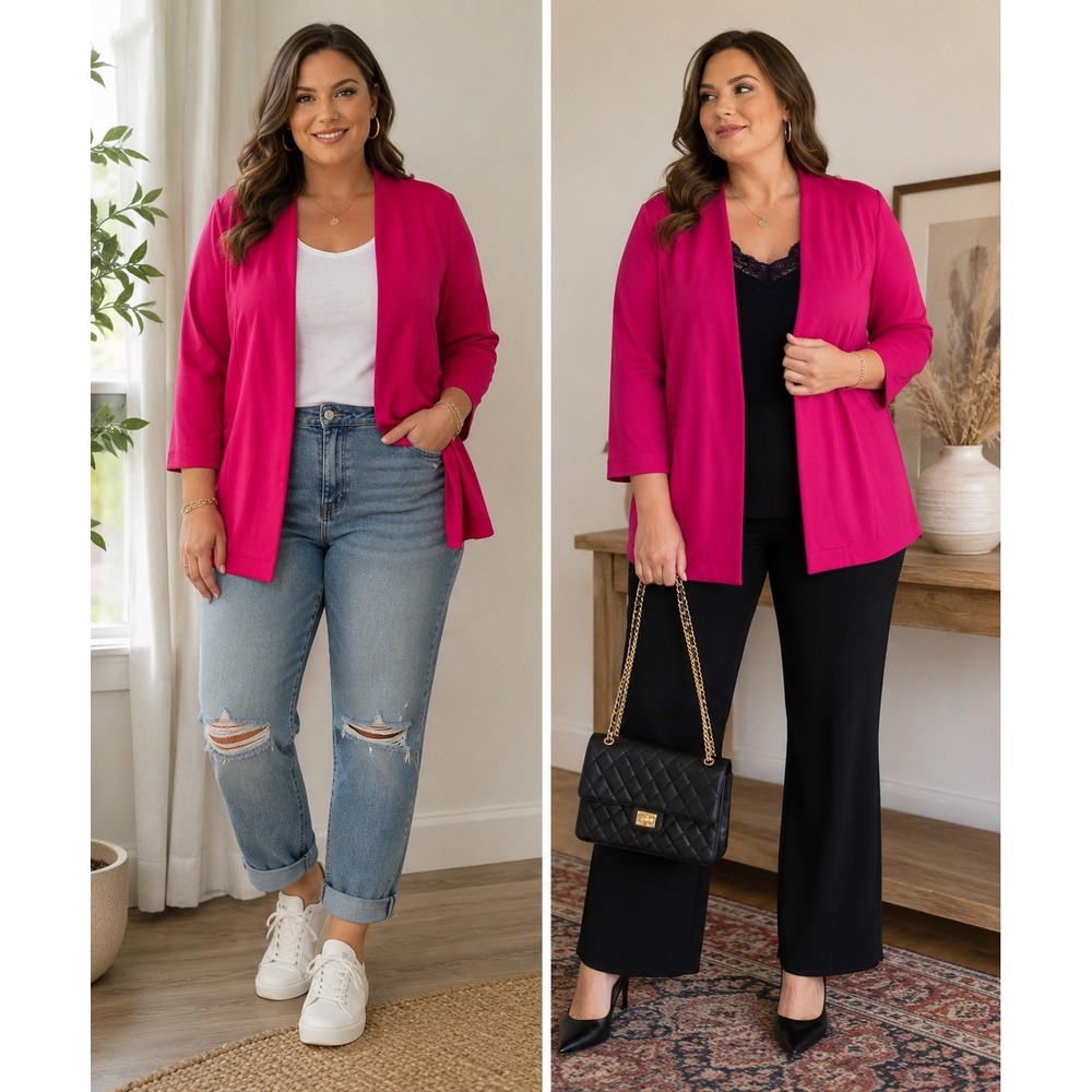 White Birch Hot Pink Open Front Cardigan Blazer Leopard Print Lining Plus Size